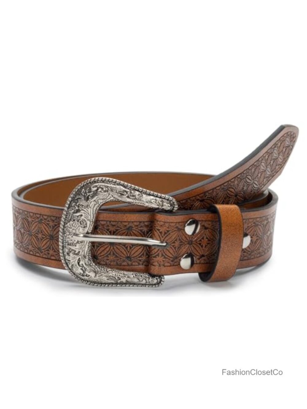 Western Belt Engraved Floral Buckle PU Leather Adjustable Waist Cowboy Cowgirl